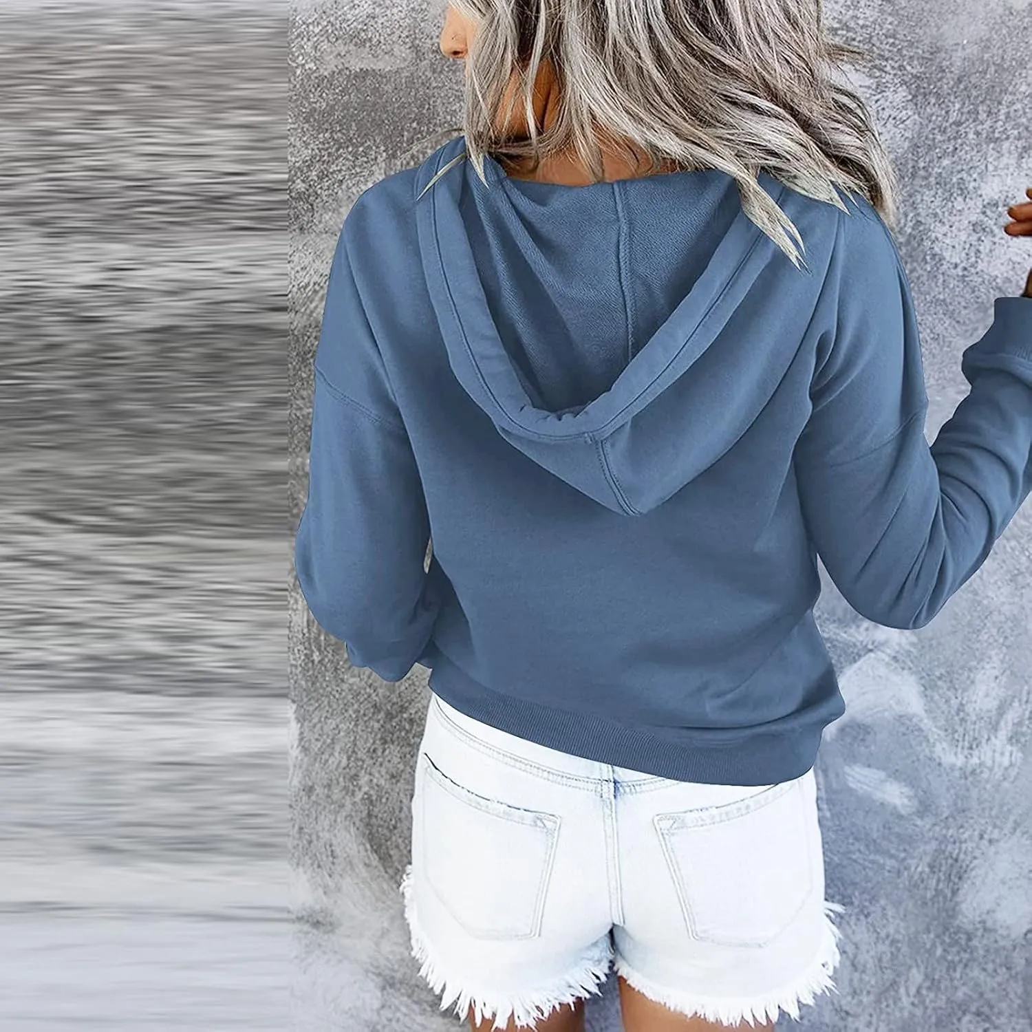 Womens 2022 Hooded Button Collar Drawstring Hoodies Pullover Sweatshirts Casual Long Sleeve Tops Shirts