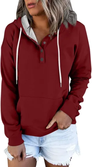 Womens 2024 Hooded Casual Button Collar Drawstring Hoodies Fall Fashion Plain Tunic Hoodies Sweatshirts