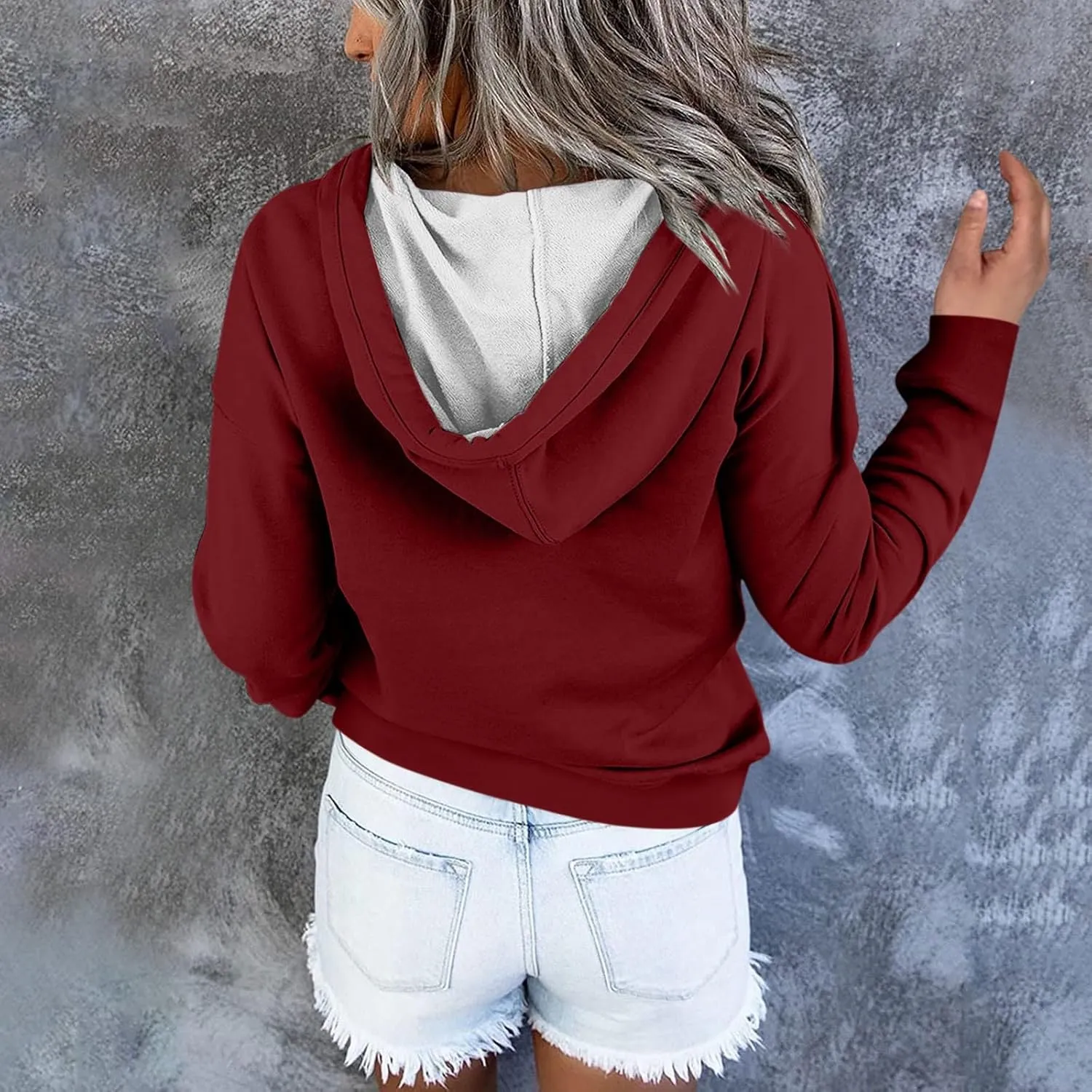 Womens 2024 Hooded Casual Button Collar Drawstring Hoodies Fall Fashion Plain Tunic Hoodies Sweatshirts
