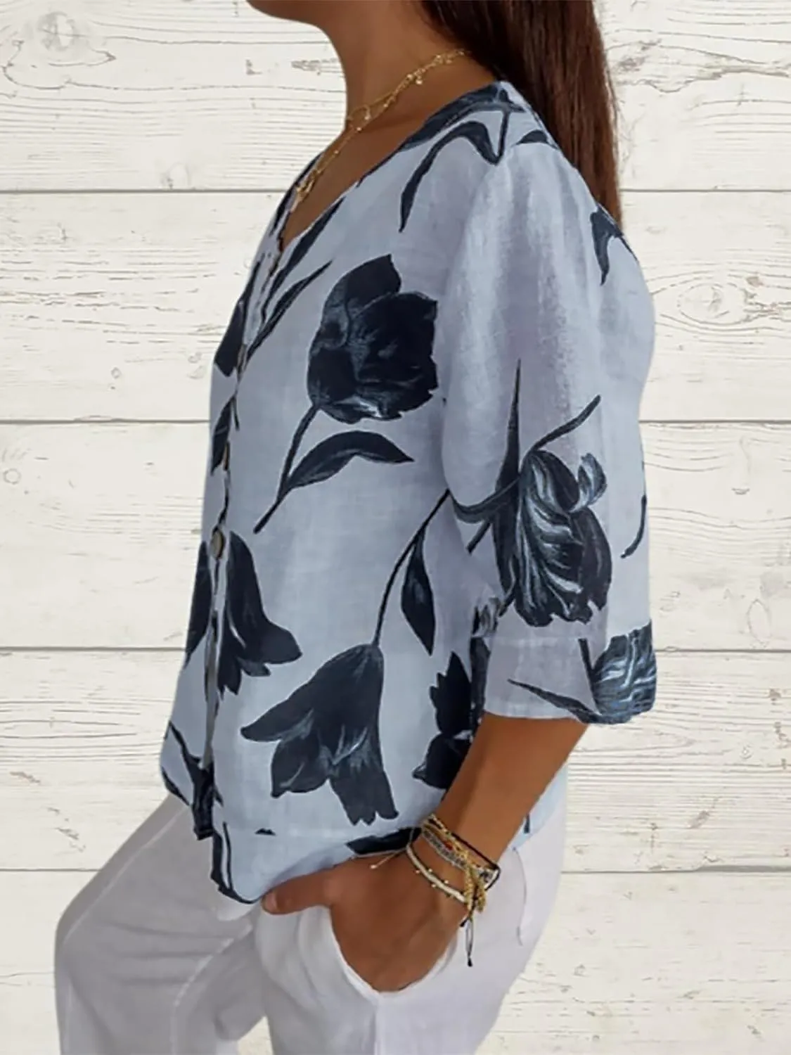 Womens 3/4 Length Sleeve Tops Dressy Casual V Neck Boho Floral Print Summer Blouses Shirts