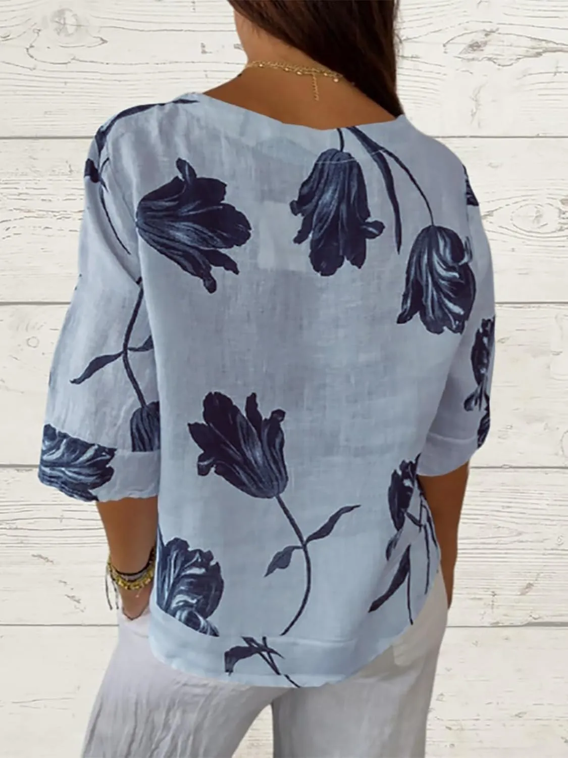 Womens 3/4 Length Sleeve Tops Dressy Casual V Neck Boho Floral Print Summer Blouses Shirts