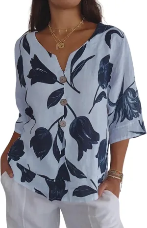 Womens 3/4 Length Sleeve Tops Dressy Casual V Neck Boho Floral Print Summer Blouses Shirts
