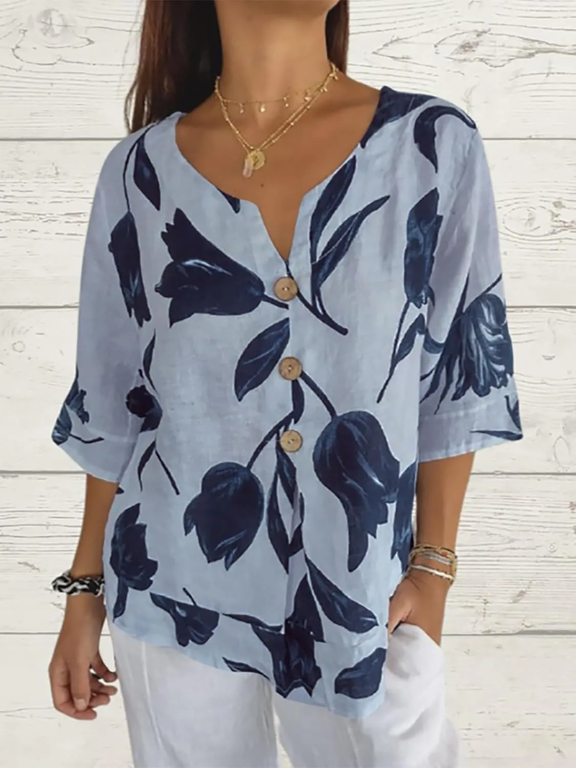 Womens 3/4 Length Sleeve Tops Dressy Casual V Neck Boho Floral Print Summer Blouses Shirts