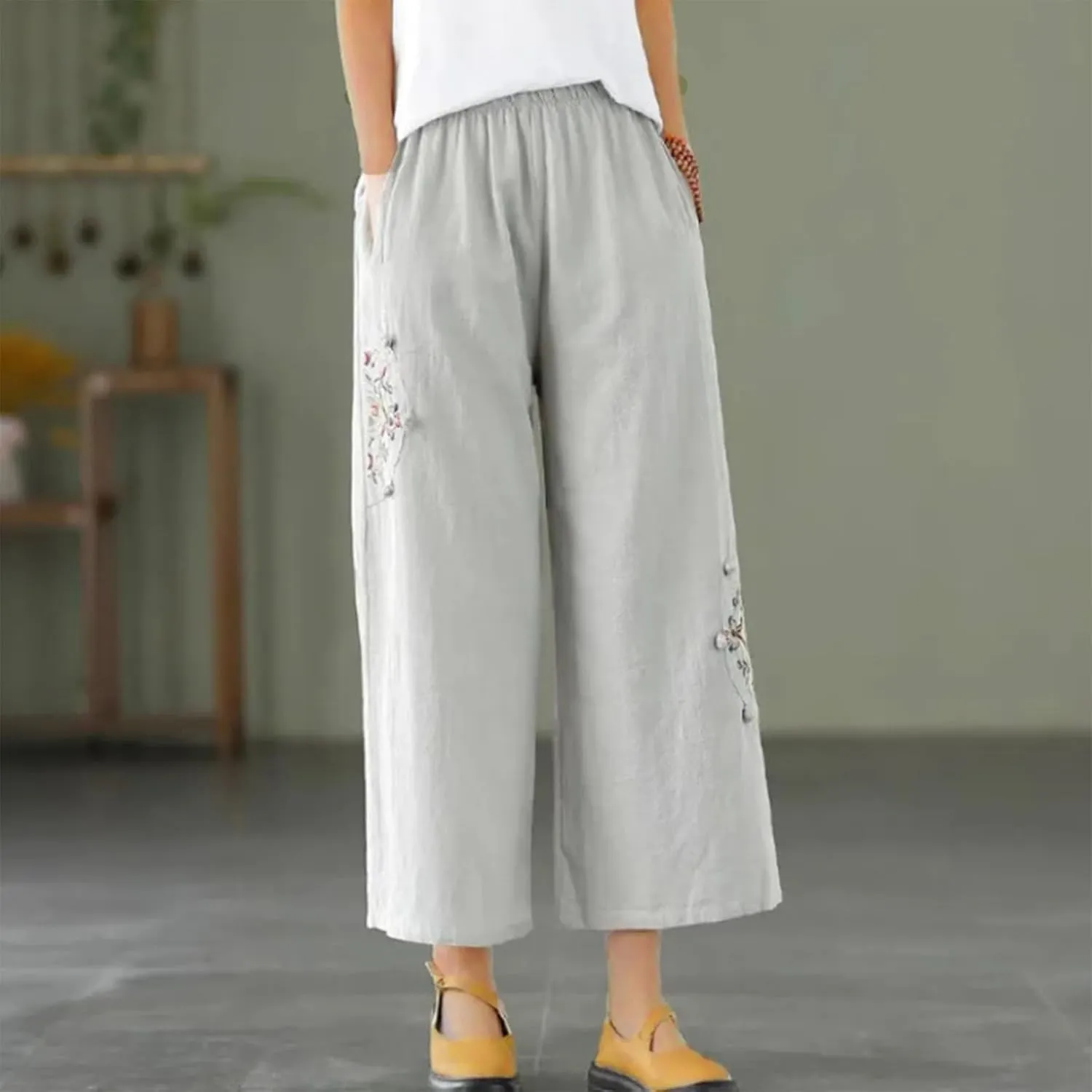 Womens Baggy Linen Pants Summer Trendy High Waist Floral Frint Wide Leg Pant Comfy Lounge Trousers 2025 Beach Vacation