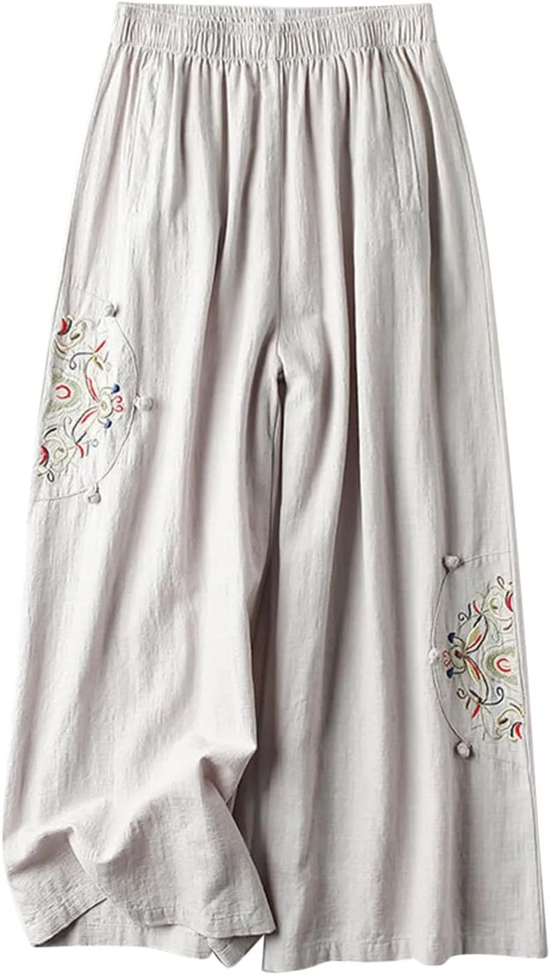 Womens Baggy Linen Pants Summer Trendy High Waist Floral Frint Wide Leg Pant Comfy Lounge Trousers 2025 Beach Vacation
