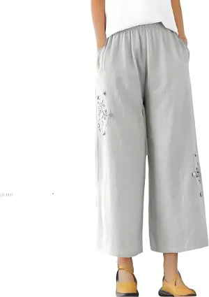 Womens Baggy Linen Pants Summer Trendy High Waist Floral Frint Wide Leg Pant Comfy Lounge Trousers 2025 Beach Vacation