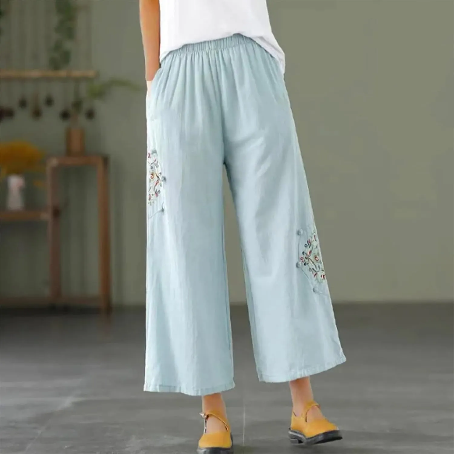 Womens Baggy Linen Pants Summer Trendy High Waist Floral Frint Wide Leg Pant Comfy Lounge Trousers 2025 Beach Vacation