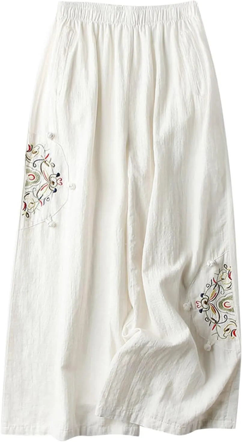 Womens Baggy Linen Pants Summer Trendy High Waist Floral Frint Wide Leg Pant Comfy Lounge Trousers 2025 Beach Vacation