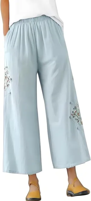 Womens Baggy Linen Pants Summer Trendy High Waist Floral Frint Wide Leg Pant Comfy Lounge Trousers 2025 Beach Vacation