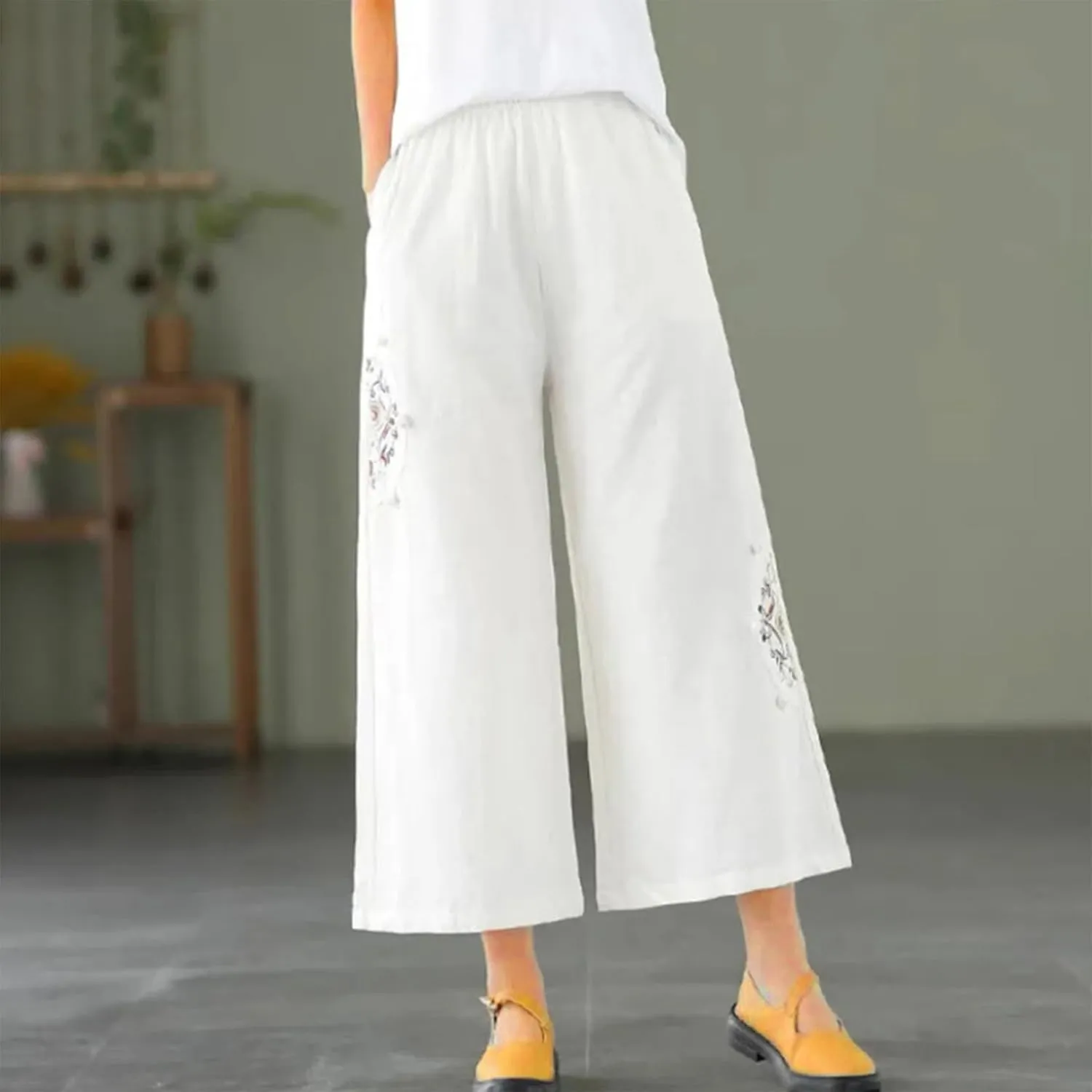Womens Baggy Linen Pants Summer Trendy High Waist Floral Frint Wide Leg Pant Comfy Lounge Trousers 2025 Beach Vacation