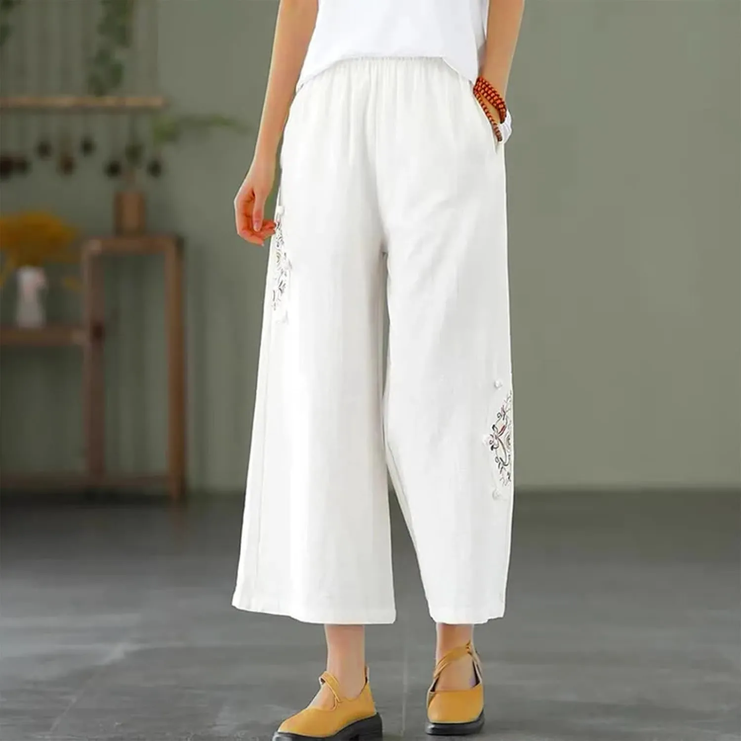Womens Baggy Linen Pants Summer Trendy High Waist Floral Frint Wide Leg Pant Comfy Lounge Trousers 2025 Beach Vacation