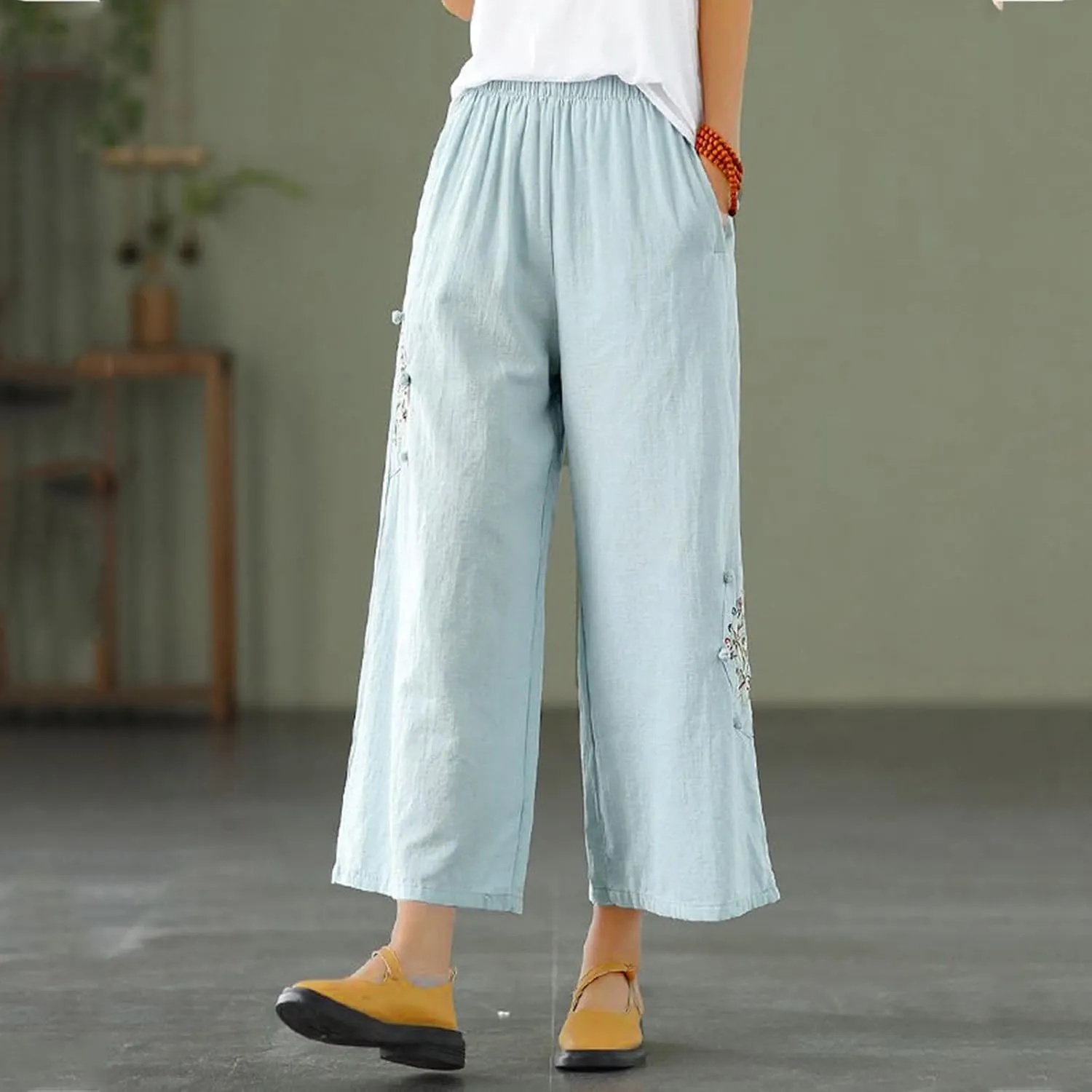 Womens Baggy Linen Pants Summer Trendy High Waist Floral Frint Wide Leg Pant Comfy Lounge Trousers 2025 Beach Vacation