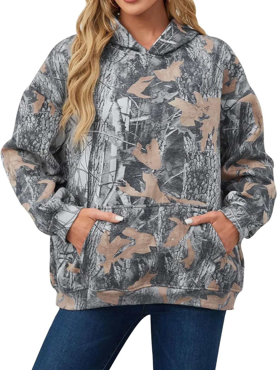 Women's Camo Hoodie Maple Leaf Print Oversized Hooded Sweatshirt Loose Casual Pullover Sweatshirts Long Sleeve Tops