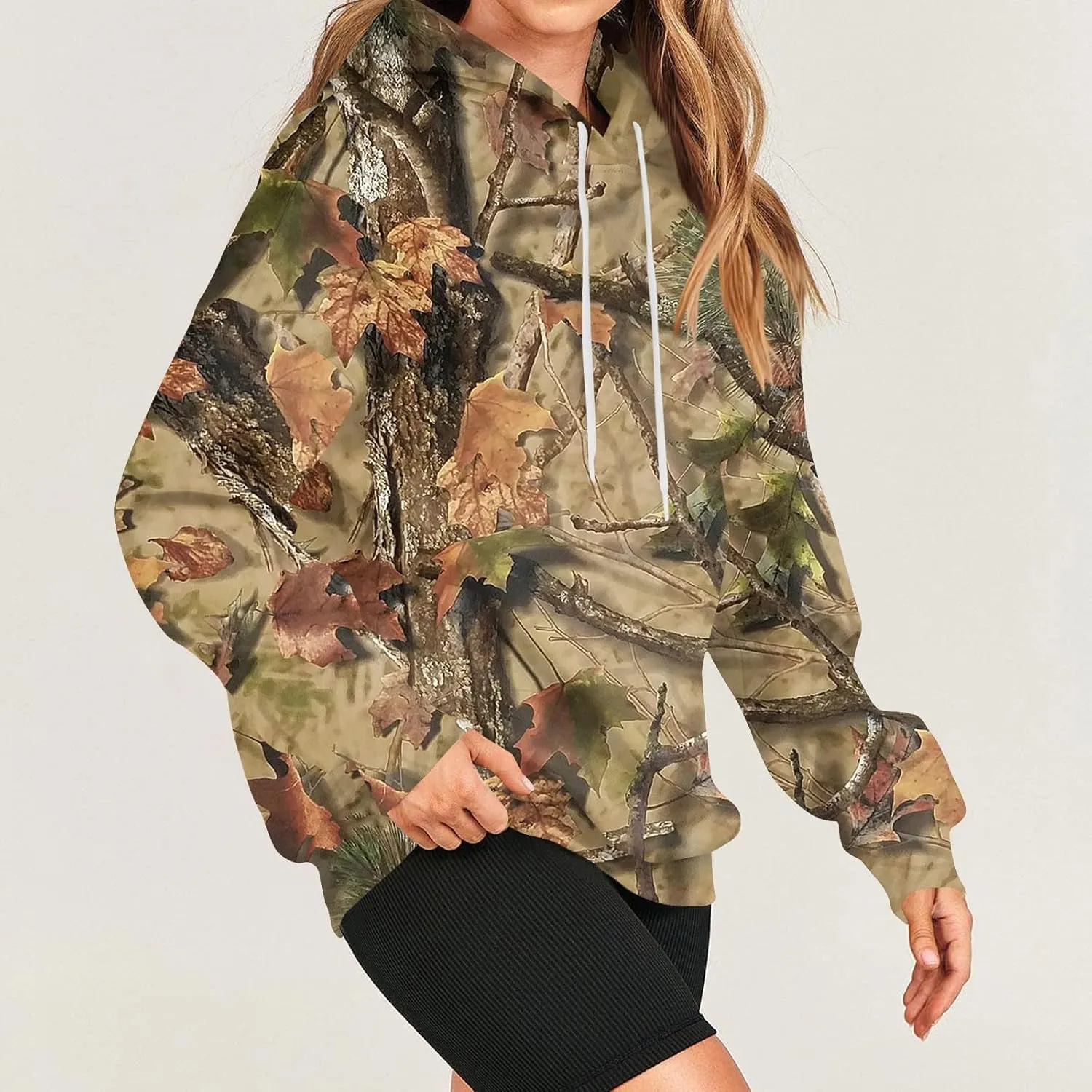Women's Camo Hoodie Maple-Leaf Print Oversized Sweatshirt Fleece Hooded Sweatshirts with Pocket Classic Pullovers