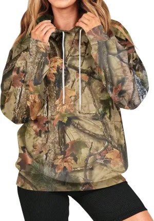 Women's Camo Hoodie Maple-Leaf Print Oversized Sweatshirt Fleece Hooded Sweatshirts with Pocket Classic Pullovers
