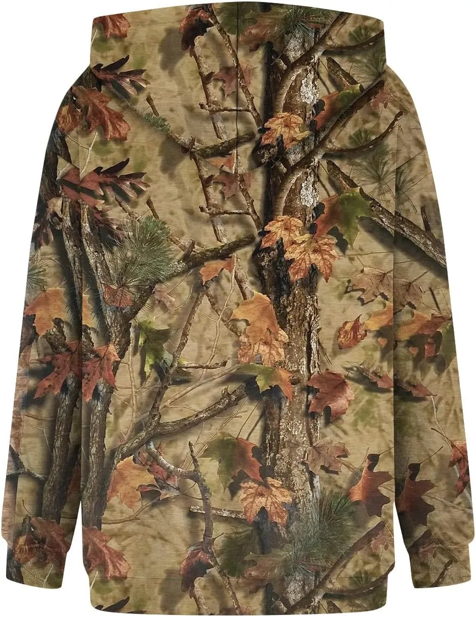 Women's Camo Hoodie Maple-Leaf Print Oversized Sweatshirt Fleece Hooded Sweatshirts with Pocket Classic Pullovers