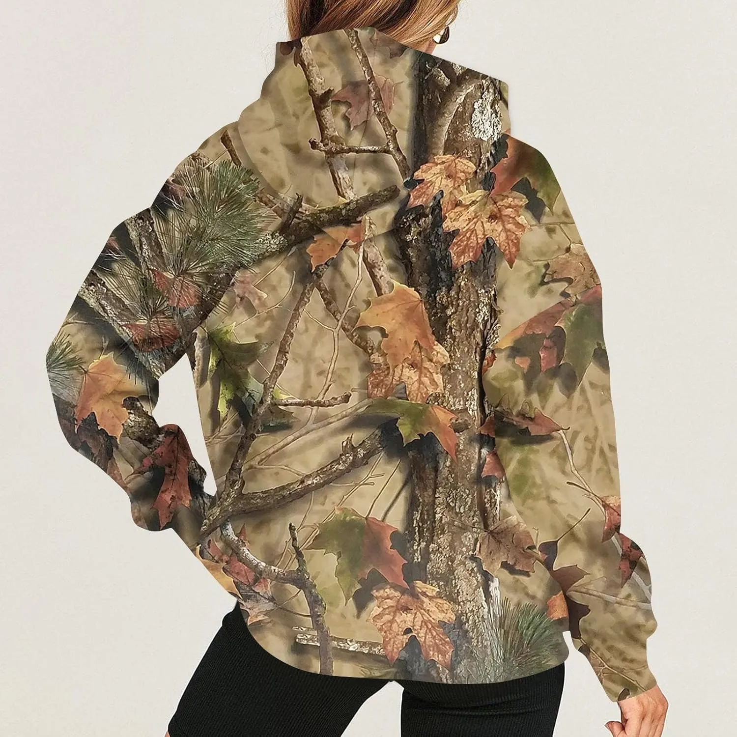 Women's Camo Hoodie Maple-Leaf Print Oversized Sweatshirt Fleece Hooded Sweatshirts with Pocket Classic Pullovers
