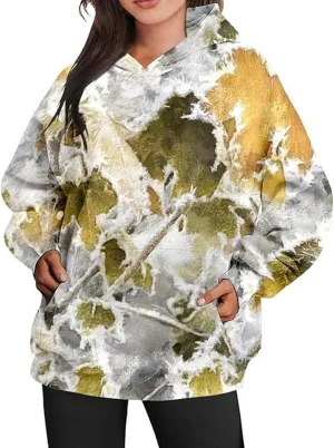 Womens Camo Hoodies Maple Leaf Print Hooded Camo Sweatshirt Oversized Long Sleeve Pullover Sweatshirts for Women