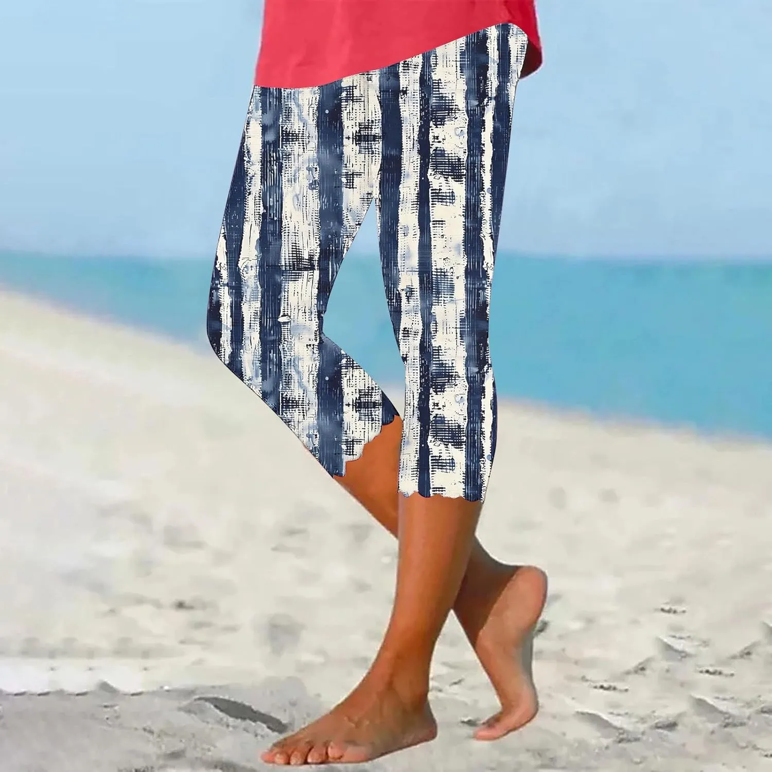 Women's Capri Leggings Floral Print High Waist Capris Pant Tummy Control Knee Length Slim Fit Yoga Cropped Trouser