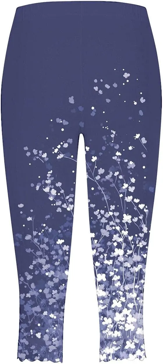 Women's Capri Leggings Floral Print High Waist Capris Pant Tummy Control Knee Length Slim Fit Yoga Cropped Trouser