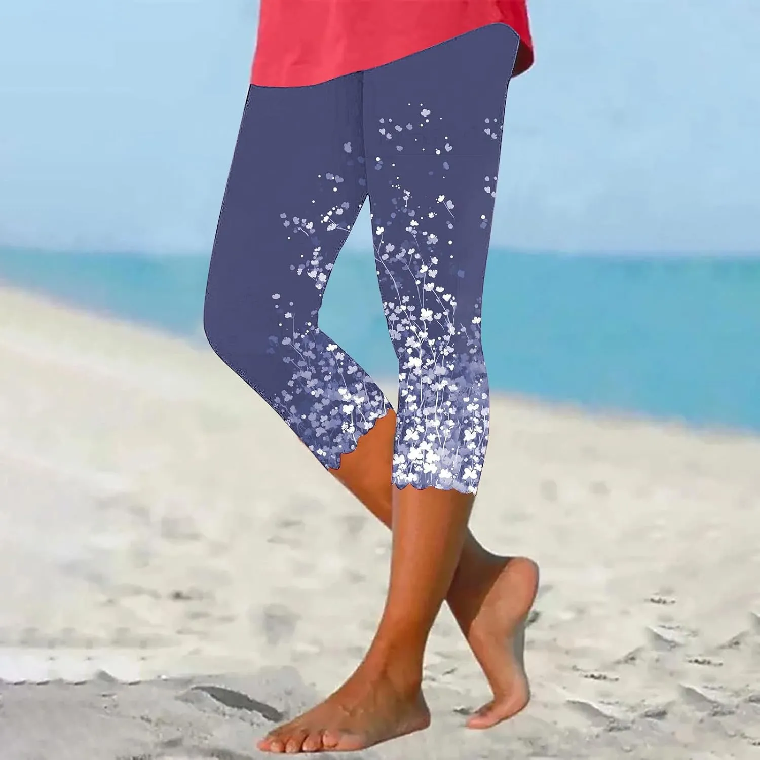 Women's Capri Leggings Floral Print High Waist Capris Pant Tummy Control Knee Length Slim Fit Yoga Cropped Trouser