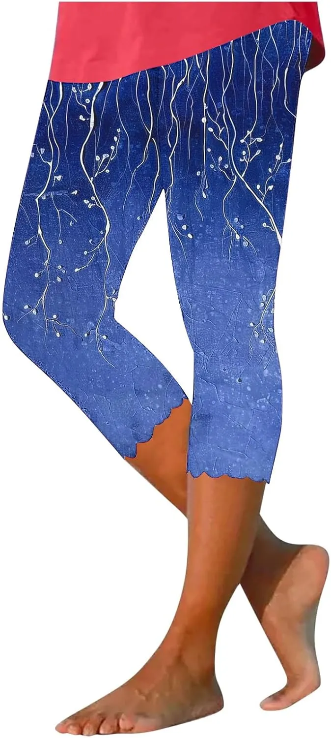 Women's Capri Leggings Floral Print High Waist Capris Pant Tummy Control Knee Length Slim Fit Yoga Cropped Trouser