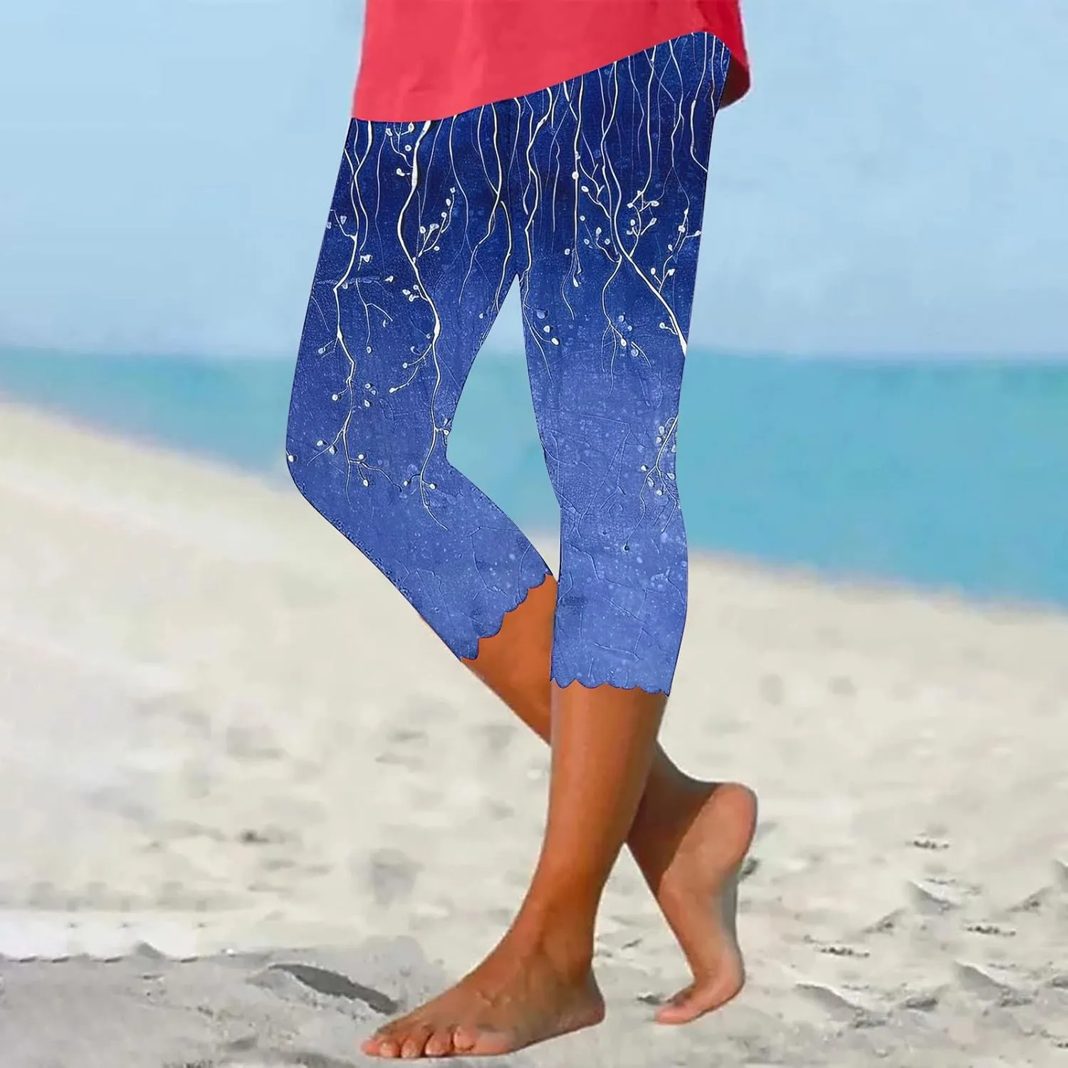 Women's Capri Leggings Floral Print High Waist Capris Pant Tummy Control Knee Length Slim Fit Yoga Cropped Trouser
