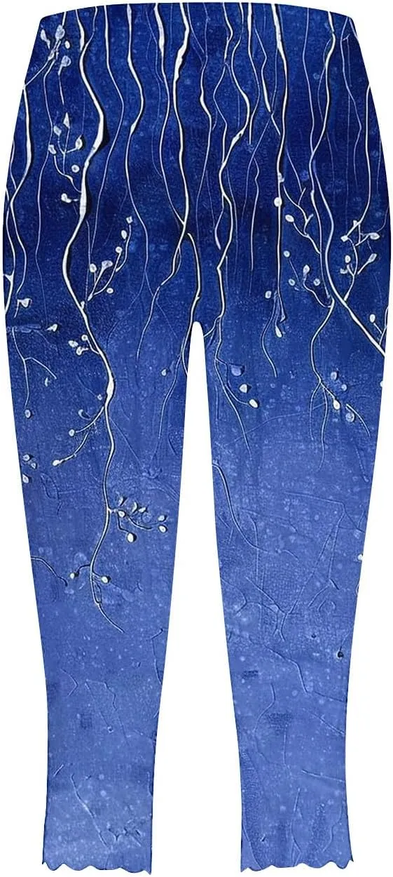 Women's Capri Leggings Floral Print High Waist Capris Pant Tummy Control Knee Length Slim Fit Yoga Cropped Trouser