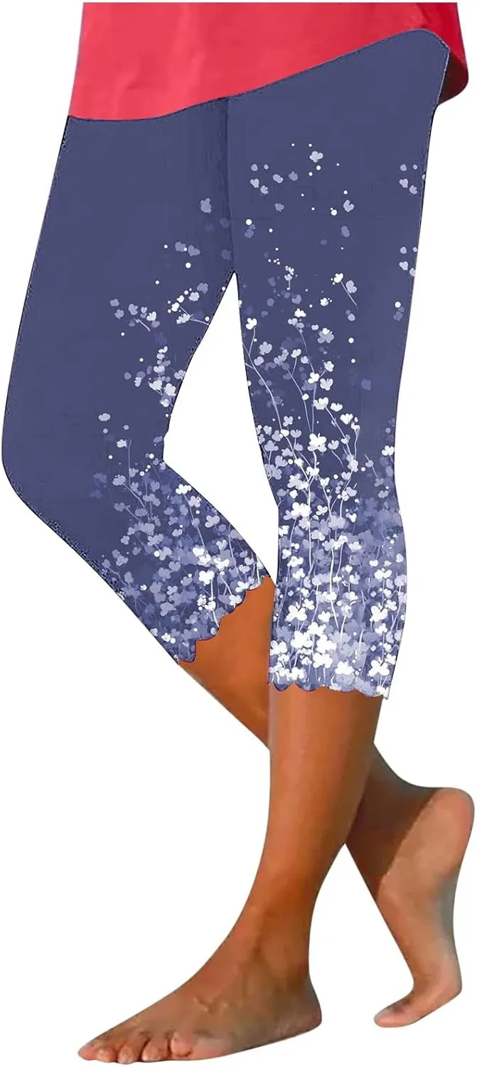 Women's Capri Leggings Floral Print High Waist Capris Pant Tummy Control Knee Length Slim Fit Yoga Cropped Trouser