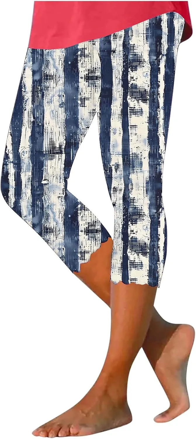 Women's Capri Leggings Floral Print High Waist Capris Pant Tummy Control Knee Length Slim Fit Yoga Cropped Trouser