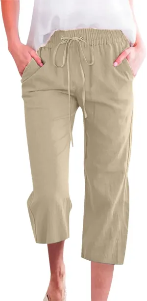 Womens Capris for Summer Dressy Casual Cotton Linen Elastic Waist Pants Trendy Plus Size Summer Trousers Clothes