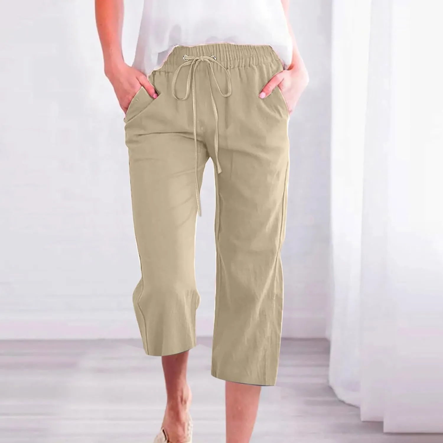 Womens Capris for Summer Dressy Casual Cotton Linen Elastic Waist Pants Trendy Plus Size Summer Trousers Clothes