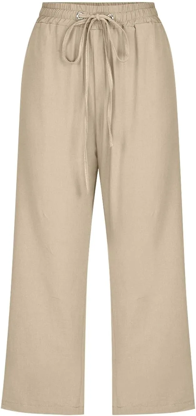 Womens Capris for Summer Dressy Casual Cotton Linen Elastic Waist Pants Trendy Plus Size Summer Trousers Clothes