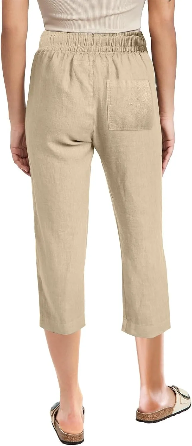 Womens Capris for Summer Dressy Casual Cotton Linen Elastic Waist Pants Trendy Plus Size Summer Trousers Clothes