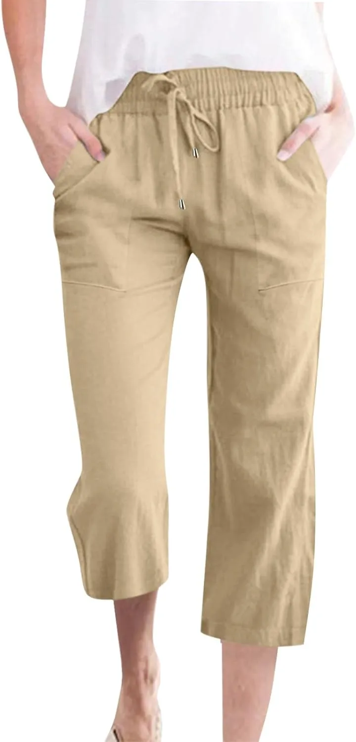 Womens Capris for Summer Dressy Casual Cotton Linen Elastic Waist Pants Trendy Plus Size Summer Trousers Clothes