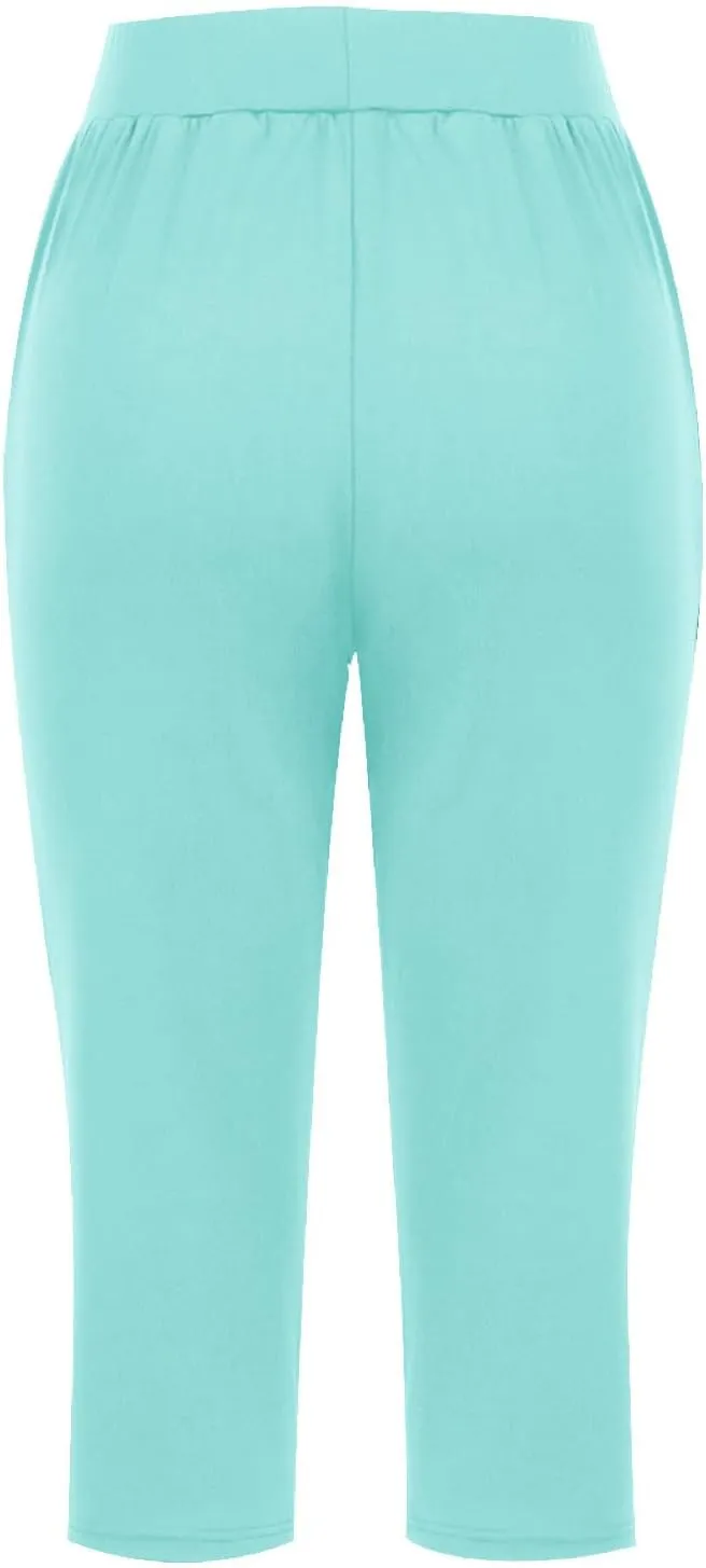 Women's Capris Solid Color Elastic High Waist Capri Pants Casual Stretchy Stylish Trousers Yoga Sports Pants