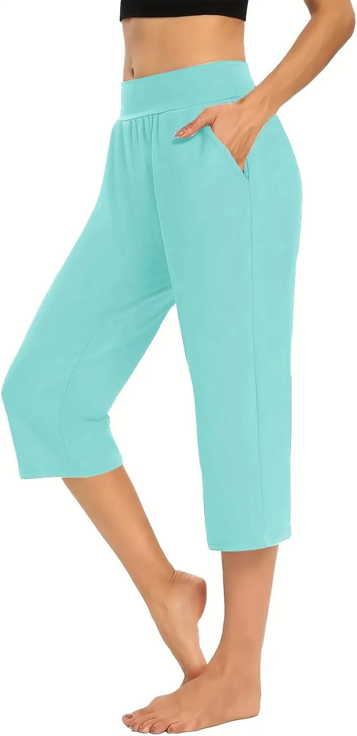 Women's Capris Solid Color Elastic High Waist Capri Pants Casual Stretchy Stylish Trousers Yoga Sports Pants