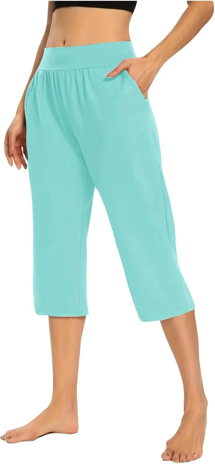 Women's Capris Solid Color Elastic High Waist Capri Pants Casual Stretchy Stylish Trousers Yoga Sports Pants