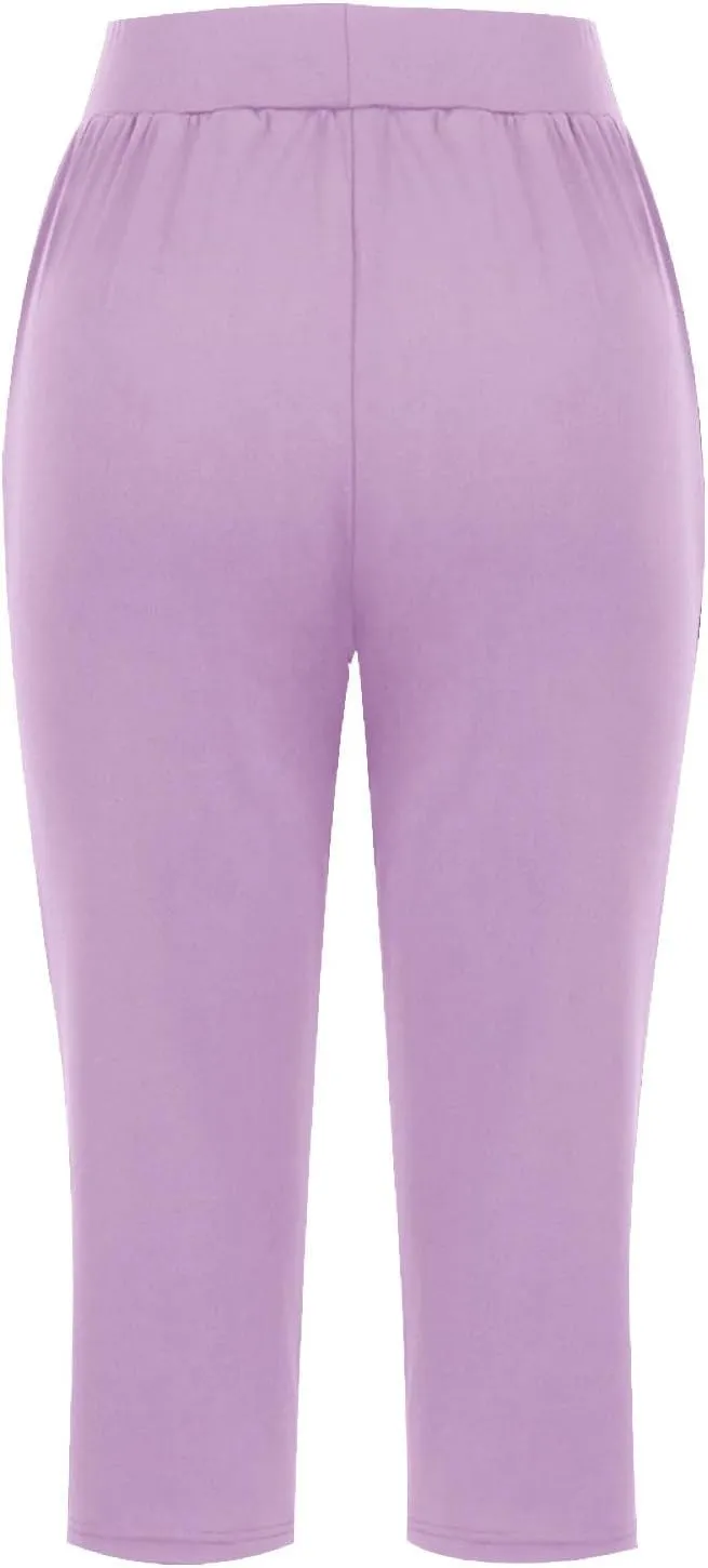 Women's Capris Solid Color Elastic High Waist Capri Pants Casual Stretchy Stylish Trousers Yoga Sports Pants