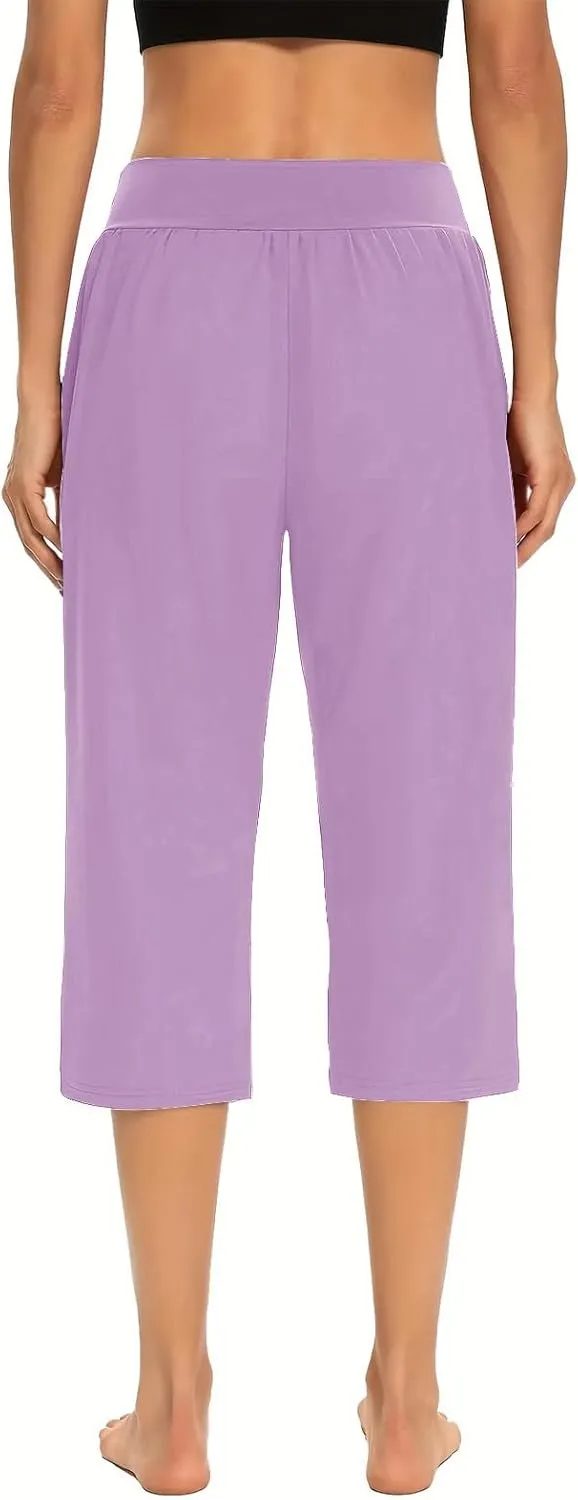 Women's Capris Solid Color Elastic High Waist Capri Pants Casual Stretchy Stylish Trousers Yoga Sports Pants