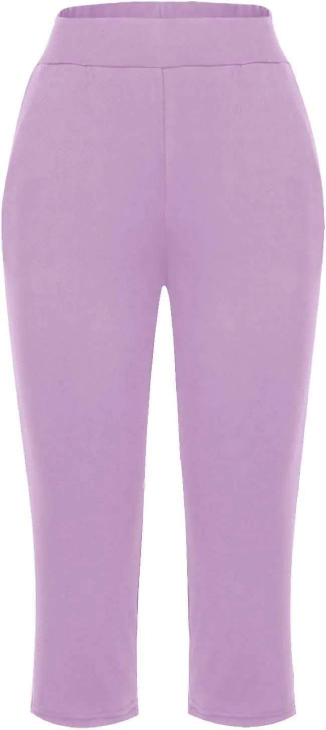 Women's Capris Solid Color Elastic High Waist Capri Pants Casual Stretchy Stylish Trousers Yoga Sports Pants
