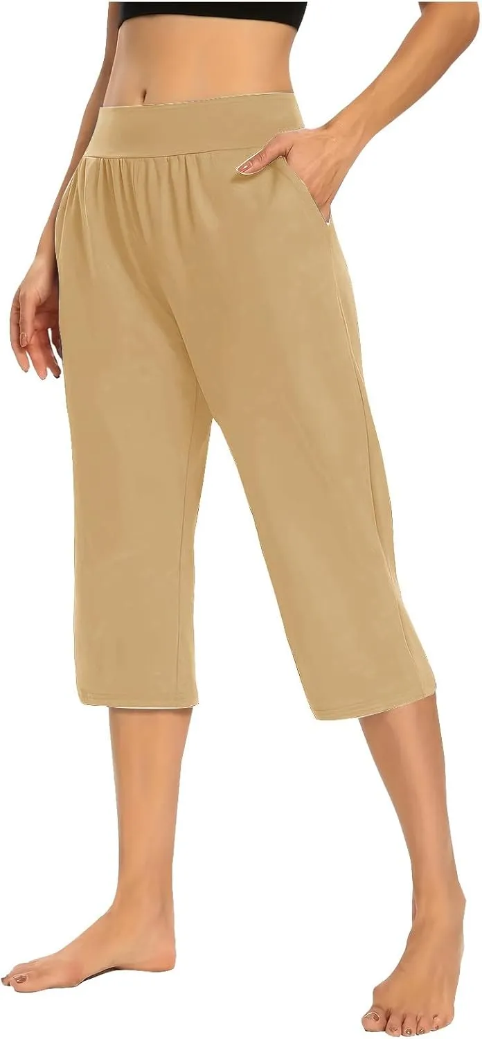 Women's Capris Solid Color Elastic High Waist Capri Pants Casual Stretchy Stylish Trousers Yoga Sports Pants