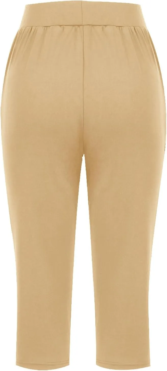 Women's Capris Solid Color Elastic High Waist Capri Pants Casual Stretchy Stylish Trousers Yoga Sports Pants