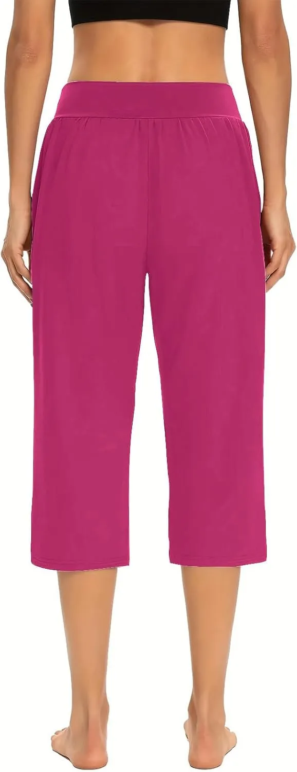 Women's Capris Solid Color Elastic High Waist Capri Pants Casual Stretchy Stylish Trousers Yoga Sports Pants