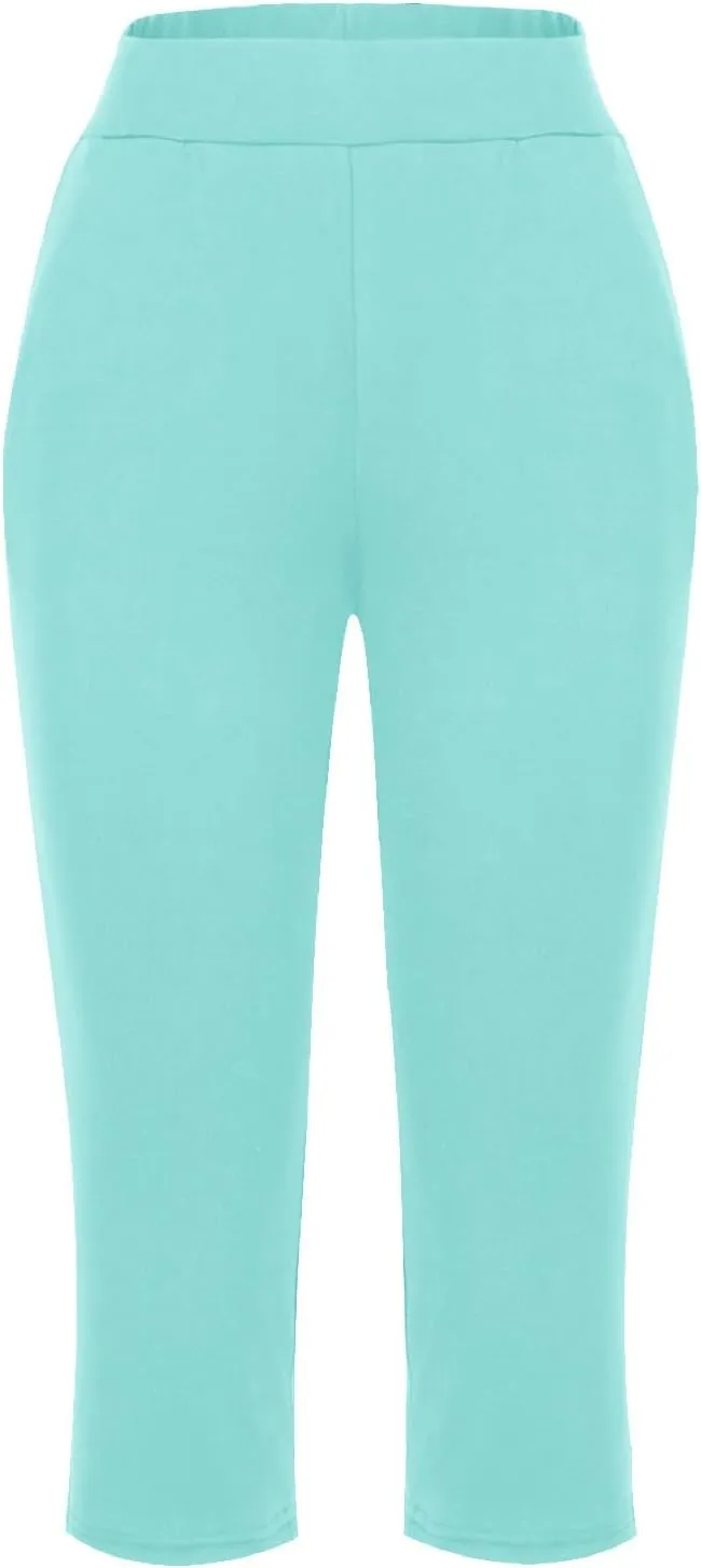 Women's Capris Solid Color Elastic High Waist Capri Pants Casual Stretchy Stylish Trousers Yoga Sports Pants
