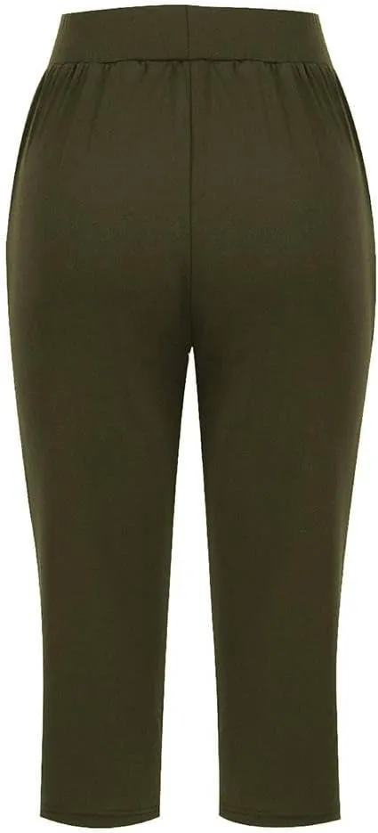 Women's Capris Solid Color Elastic High Waist Capri Pants Casual Stretchy Stylish Trousers Yoga Sports Pants