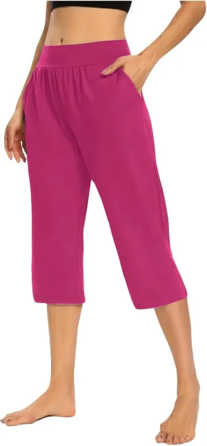 Women's Capris Solid Color Elastic High Waist Capri Pants Casual Stretchy Stylish Trousers Yoga Sports Pants
