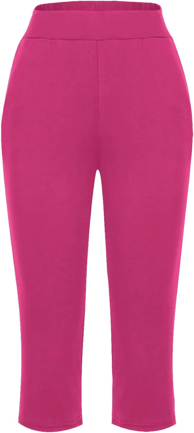 Women's Capris Solid Color Elastic High Waist Capri Pants Casual Stretchy Stylish Trousers Yoga Sports Pants