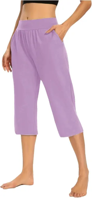 Women's Capris Solid Color Elastic High Waist Capri Pants Casual Stretchy Stylish Trousers Yoga Sports Pants