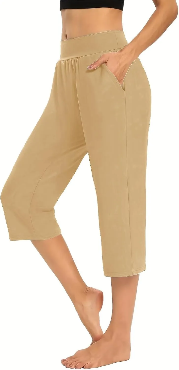 Women's Capris Solid Color Elastic High Waist Capri Pants Casual Stretchy Stylish Trousers Yoga Sports Pants